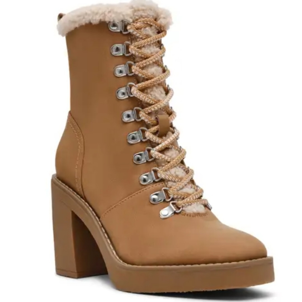 DV -Tan Womens-Heeled- Carmen- Faux Shearling Lined- Lace-Up Ankle Boots